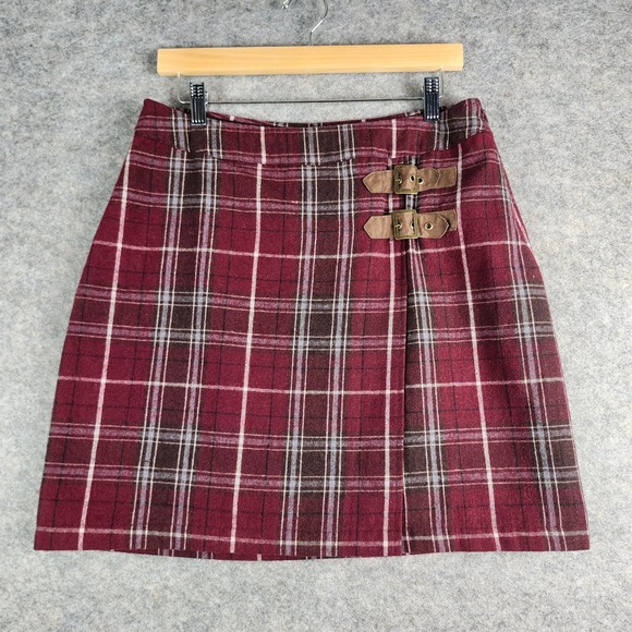 Aventura Dresses & Skirts - Aventura Plaid Mini Skirt Women 8 Burgundy‎ Wool Blend Buckle Wrap A-Line